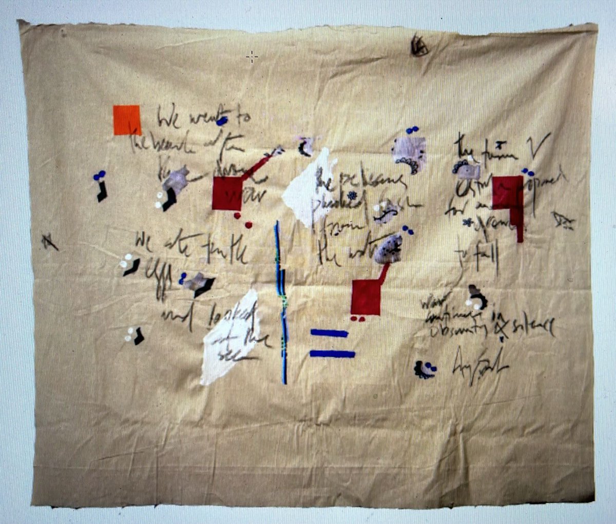 "We Went to the Beach" – A captivating blend of prints, acrylic paint, and charcoal handwriting on gada cloth.