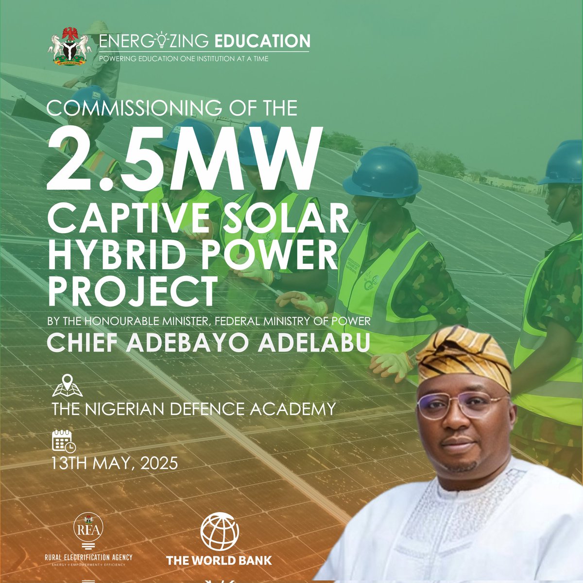 TheREANigeria's tweet image. 📢 Today, we will be taking you on a virtual tour of the 2.5MW captive solar hybrid power plant, designed to power the Afaka campus of the Nigeria Defence Academy (NDA), Kaduna State under the #EnergizingEducation Programme.

#EEP
#PoweringInstitutions
#EnergizingEducation…