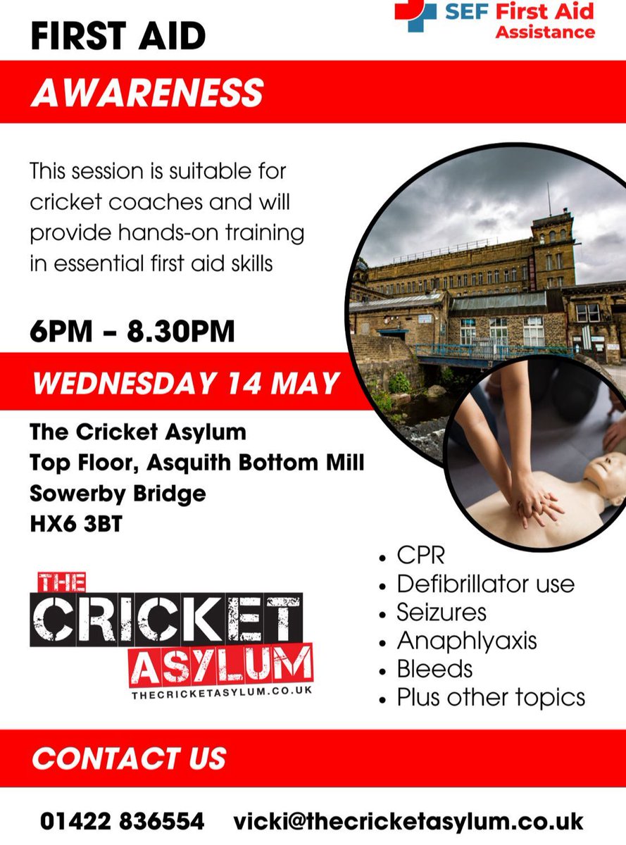 First aid at The Cricket Asylum tomorrow evening, only £30 and it is accredited. Get in touch with Vicki on 01422 836554 to book on only a few slots remaining!