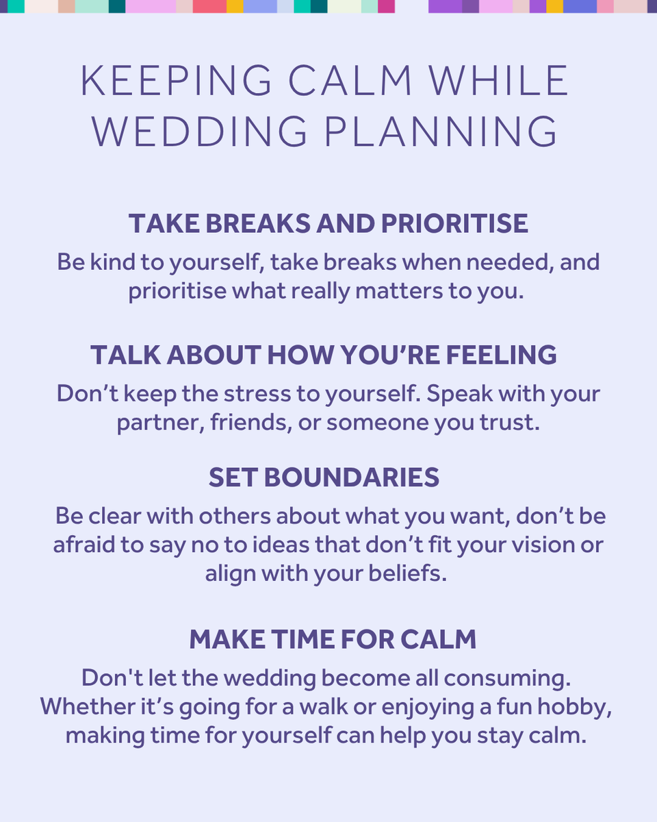 Humanist Ceremonies (@ceremonies_uk) on Twitter photo Planning a wedding can be one of life’s most exciting events, but it can also be stressful! According to a survey by Zola, 59% of couples described wedding planning as “overwhelming”.
#MentalHealthAwarenessWeek 
Here are some tips for staying calm while planning your big day. Planning a wedding can be one of life’s most exciting events, but it can also be stressful! According to a survey by Zola, 59% of couples described wedding planning as “overwhelming”.
#MentalHealthAwarenessWeek 
Here are some tips for staying calm while planning your big day.