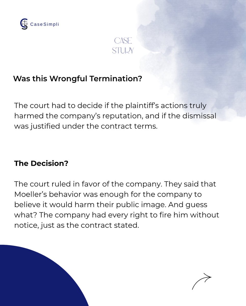 CaseSimpli's tweet image. In Moeller v. Monier Construction (1961), a simple clause saved the company from a legal nightmare.
Your contracts should speak clearly, especially when it comes to behavior and consequences.
Don’t wait till it gets messy.

#BusinessLaw #ContractTips #StartupLegal
