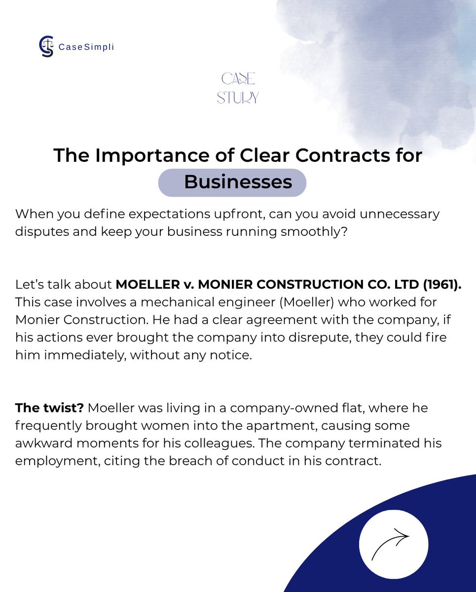 CaseSimpli's tweet image. In Moeller v. Monier Construction (1961), a simple clause saved the company from a legal nightmare.
Your contracts should speak clearly, especially when it comes to behavior and consequences.
Don’t wait till it gets messy.

#BusinessLaw #ContractTips #StartupLegal
