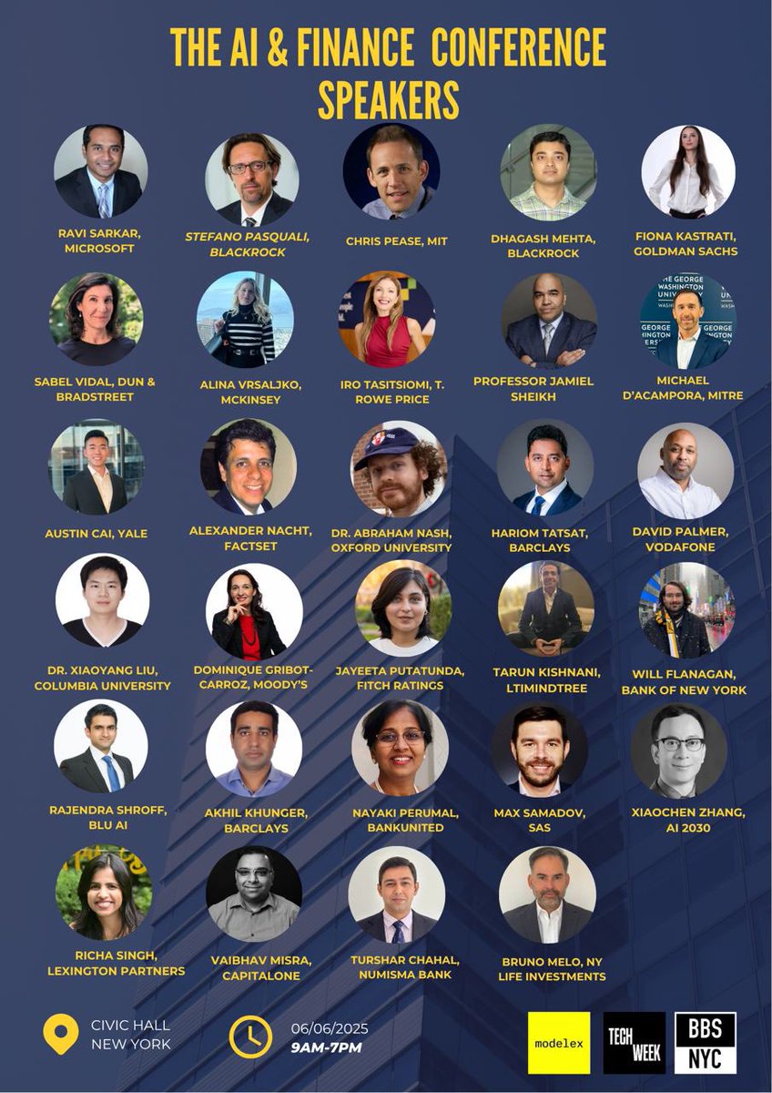 BBSNYC2023's tweet image. 🔔Join us on June 6 at Civic Hall for the AI &amp;amp; Finance Conference 2025 — an official @a16z Tech Week event.
Expect deep dives on gen AI, quant models &amp;amp; more!🟡
#techweeknyc
