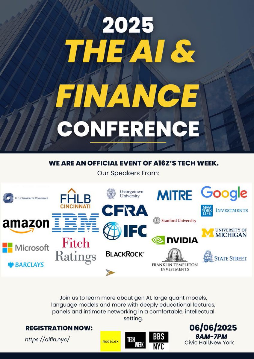 BBSNYC2023's tweet image. 🔔Join us on June 6 at Civic Hall for the AI &amp;amp; Finance Conference 2025 — an official @a16z Tech Week event.
Expect deep dives on gen AI, quant models &amp;amp; more!🟡
#techweeknyc