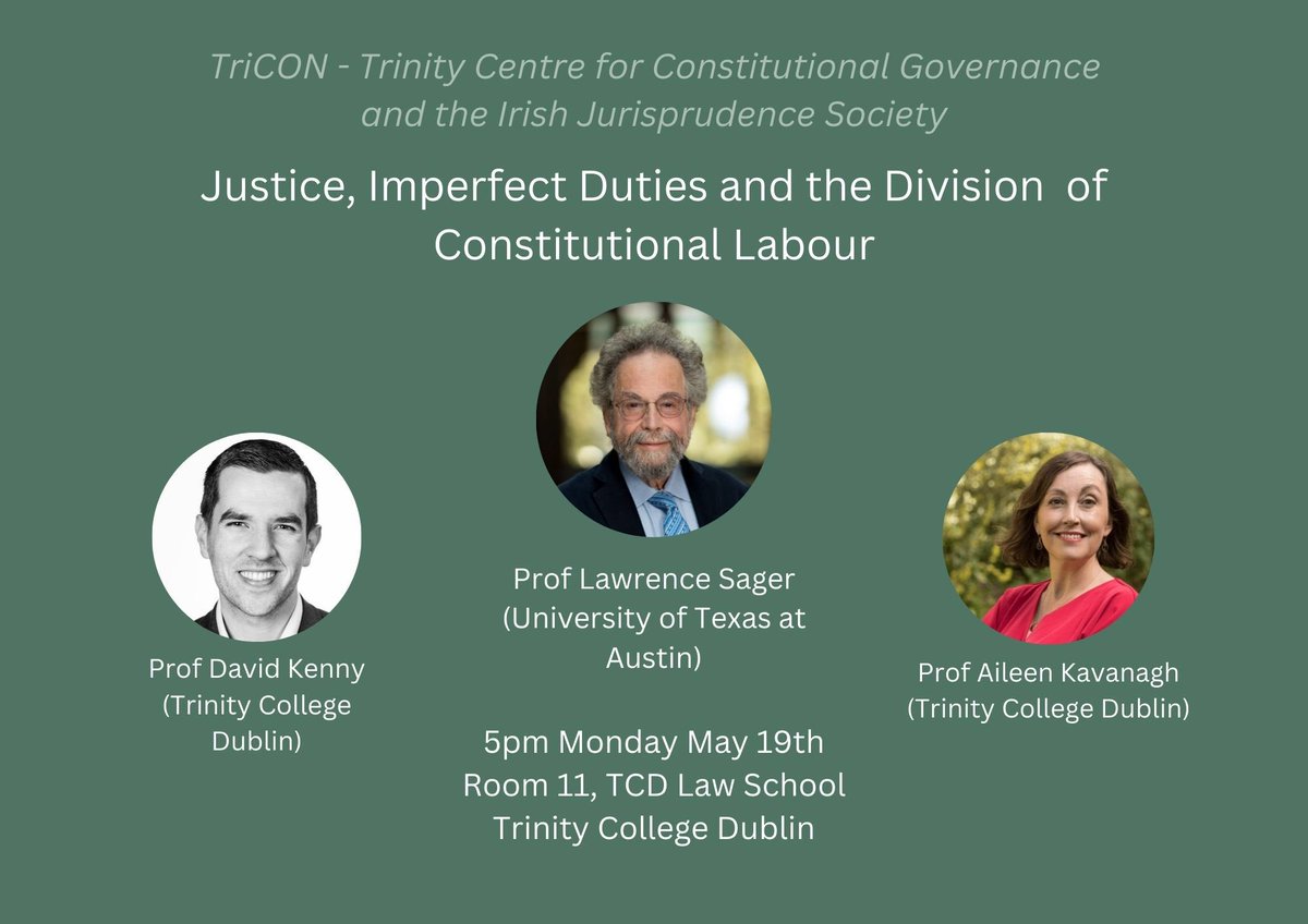 TriCON (@tricondublin) on Twitter photo Join us on Monday May 19th for a seminar with speaker Prof Lawrence Sager, commentators Profs <a href="/dkennytcd/">David Kenny</a> & <a href="/TriCONDublin/">TriCON</a> Director <a href="/AileenFKavanagh/">Aileen Kavanagh</a>, chaired by Dr Conor Crummey <a href="/MaynoothLaw/">MU School of Law & Criminology</a>.
This seminar at <a href="/TCDLawSchool/">TCD Law School</a> is co-hosted by <a href="/TriCONDublin/">TriCON</a> & the <a href="/IrishJurisSoc/">Irish Jurisprudence Society</a>. Join us on Monday May 19th for a seminar with speaker Prof Lawrence Sager, commentators Profs <a href="/dkennytcd/">David Kenny</a> & <a href="/TriCONDublin/">TriCON</a> Director <a href="/AileenFKavanagh/">Aileen Kavanagh</a>, chaired by Dr Conor Crummey <a href="/MaynoothLaw/">MU School of Law & Criminology</a>.
This seminar at <a href="/TCDLawSchool/">TCD Law School</a> is co-hosted by <a href="/TriCONDublin/">TriCON</a> & the <a href="/IrishJurisSoc/">Irish Jurisprudence Society</a>.