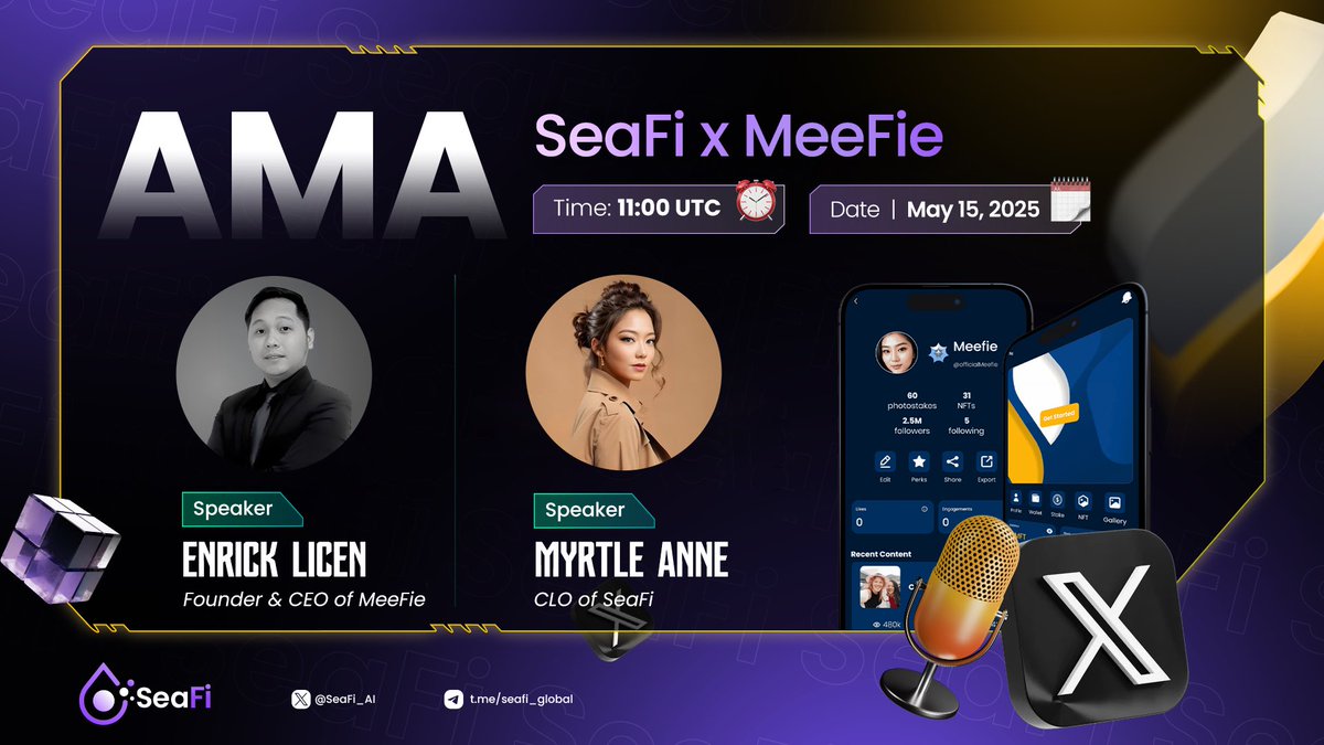 SeaFi (@seafi_ai) on Twitter photo SeaFi x MeeFie AMA – Get to Know the Visionaries Behind the project! 🔥
This Thursday (May 17, 2025) at 11:00 UTC on SeaFi's Space
👉 x.com/i/spaces/1OyJA…
🎙 Host: <a href="/myrtleology/">Myrtle Anne 🇵🇭🇸🇬</a>, CLO of SeaFi
💎 Speaker: Enrick Licen, Founder & CEO of <a href="/meefieofficial/">MeeFie Official</a>
✨ Rewards: $200 in SeaFi x MeeFie AMA – Get to Know the Visionaries Behind the project! 🔥
This Thursday (May 17, 2025) at 11:00 UTC on SeaFi's Space
👉 x.com/i/spaces/1OyJA…
🎙 Host: <a href="/myrtleology/">Myrtle Anne 🇵🇭🇸🇬</a>, CLO of SeaFi
💎 Speaker: Enrick Licen, Founder & CEO of <a href="/meefieofficial/">MeeFie Official</a>
✨ Rewards: $200 in