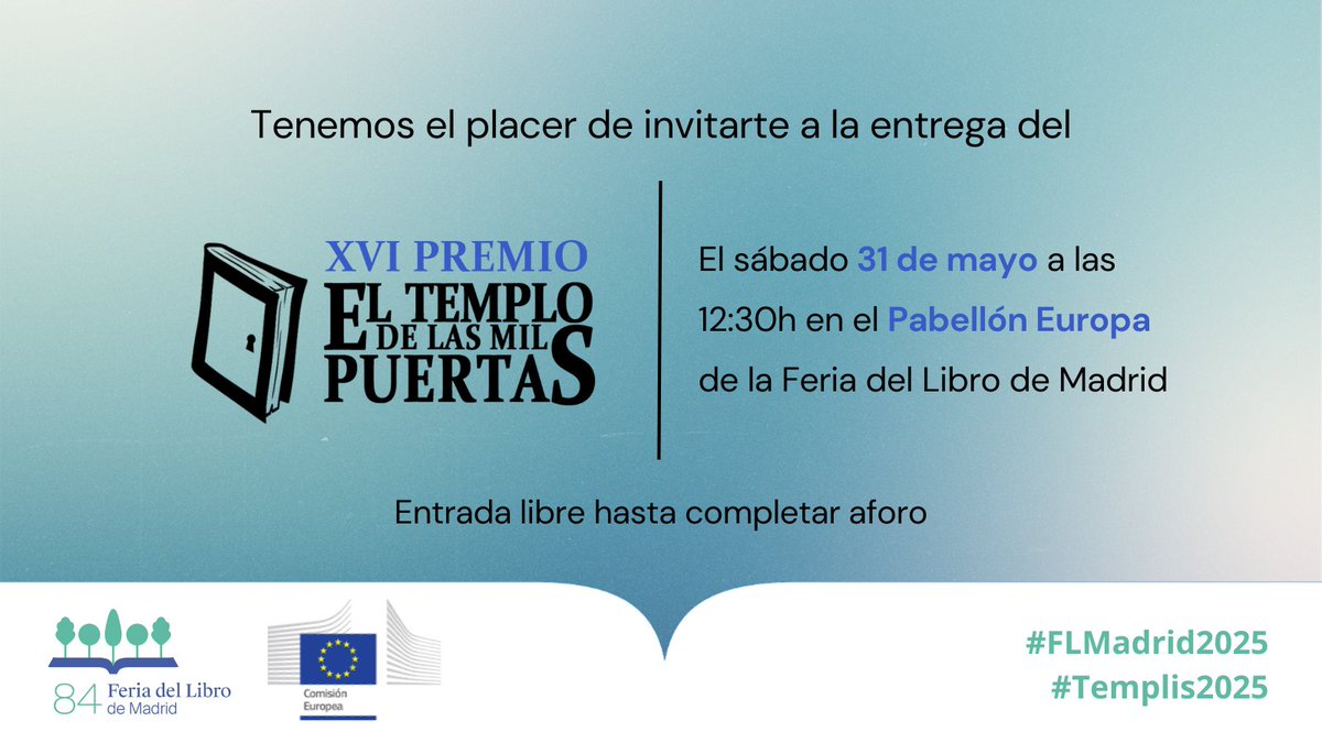 El Templo (@templo_revista) on Twitter photo ¡La gala de los #Templis2025 será en la #FLMadrid2025! 🤩🥳 Apunta esta fecha en el calendario: el sábado 31 de mayo a las 12:30h nos vemos en el #PabellónEuropa de la <a href="/ComisionEuropea/">Comisión Europea en España</a> para conocer a los ganadores de los XVI Templis.
¡Ve desempolvando el traje! 🔜🏆 ¡La gala de los #Templis2025 será en la #FLMadrid2025! 🤩🥳 Apunta esta fecha en el calendario: el sábado 31 de mayo a las 12:30h nos vemos en el #PabellónEuropa de la <a href="/ComisionEuropea/">Comisión Europea en España</a> para conocer a los ganadores de los XVI Templis.
¡Ve desempolvando el traje! 🔜🏆