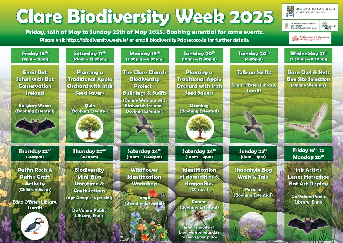 Clare County Council's Biodiversity Office have organised a range of events to celebrate National Biodiversity Week 2025 (16th to 25th of May). All events are free to attend with the exception of one event . Register your place by visiting biodiversityweek.ie