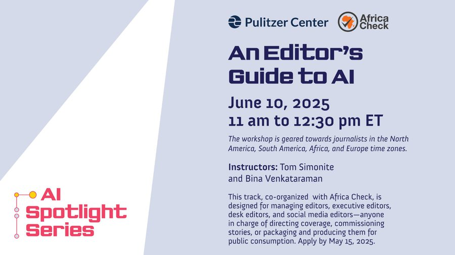 Workshop: An Editor's Guide to Artificial Intelligence (AI)!

This workshop by the <a href="/pulitzercenter/">Pulitzer Center</a> &amp; <a href="/AfricaCheck/">Africa Check</a> will identify different types of AI stories &amp; explore what distinguishes the best media coverage of artificial intelligence.

Register now: twp.ai/4inUNO