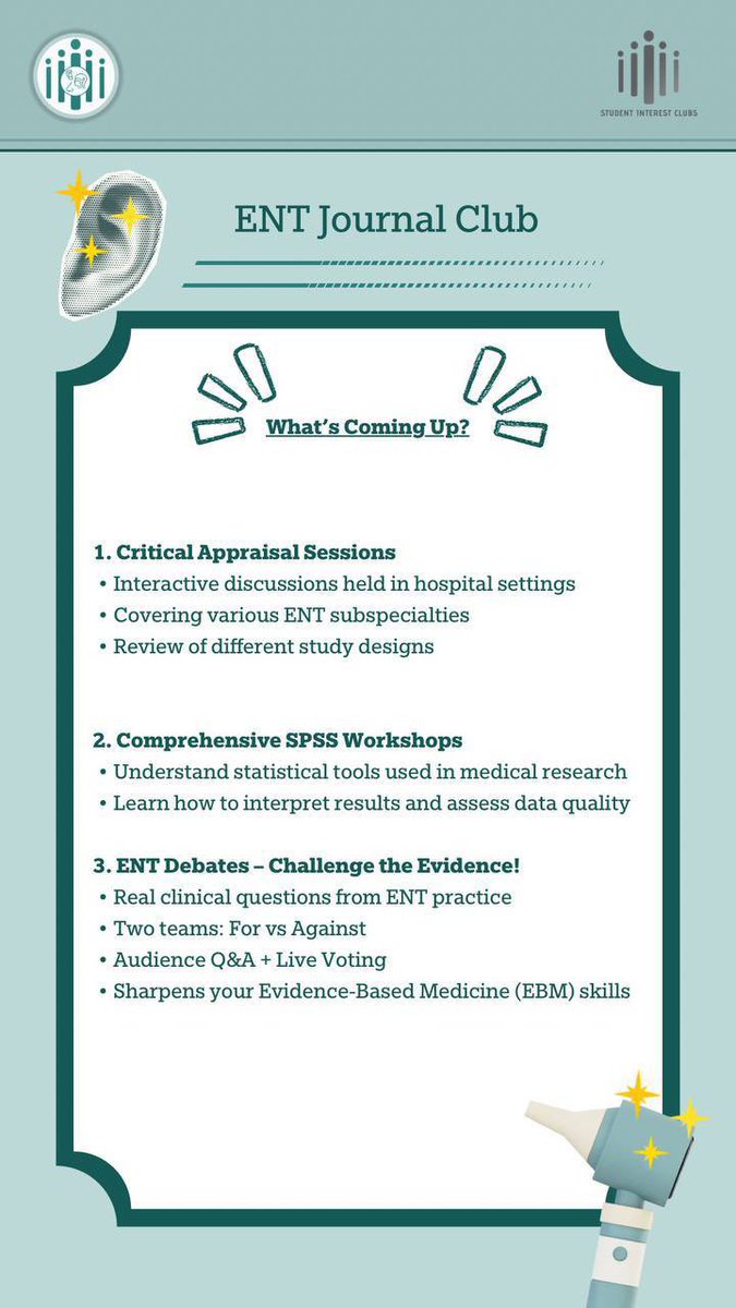 تحت مظلة نادي الأنف والأذن والحنجرة نُعلن بكل فخر عن انطلاق:
 
ENT Journal Club 

الهادف إلى تعزيز مهارات القراءة النقدية، والتفكير التحليلي المبني على الأدلة الطبية.

يُقام النشاط تحت إشراف نخبة من الأطباء من مختلف التخصصات الطبية، لضمان تنوّع الأطروحات وعمق النقاش.

ترقبوا أولى