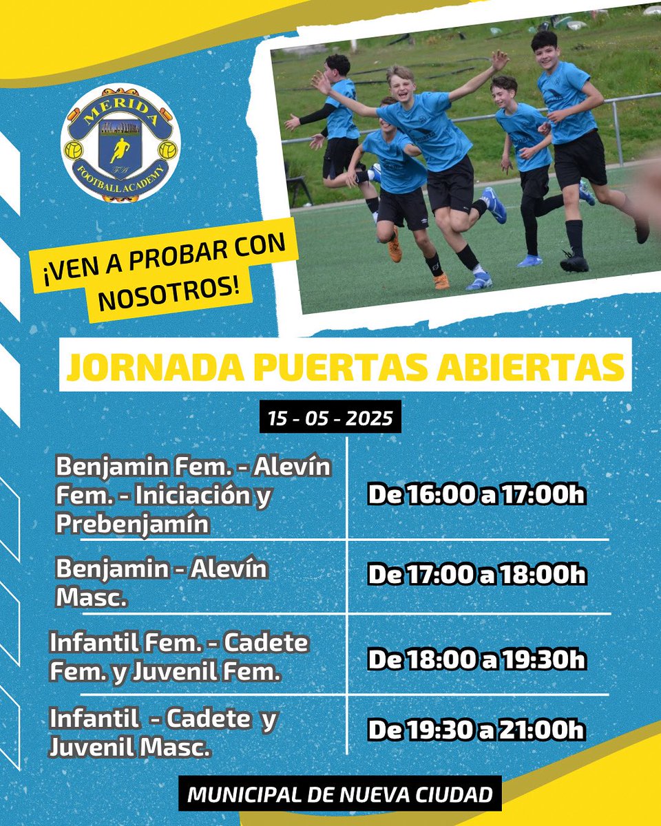 ☝🏼¡JORNADA PUERTAS ABIERTAS! 

🔍 Busca tu categoría, mira el horario y te esperamos en el Municipal De Nueva Ciudad para disfrutar juntos. 

ℹ️ Cualquier duda, no dudes en ponerte en contacto a través de DM!! 

#YoMeUno #MFA 🟢🔵🟡