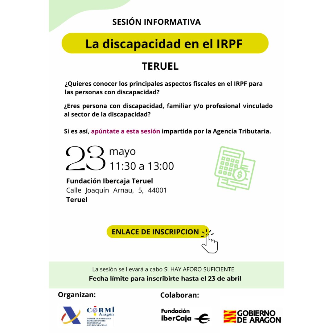 👉 Teruel acoge una sesión informativa para conocer los principales aspectos fiscales en el IRPF para las personas con discapacidad.

👉Puedes inscribirte en el siguiente enlace:
docs.google.com/forms/d/e/1FAI…