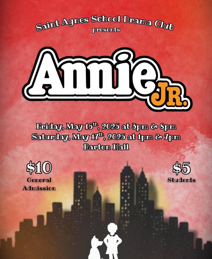 🎶THIS WEEK🎶 Join us Friday and Saturday for SAS Drama Club’s “Annie Jr.” in Barton Hall! 

*Parents must accompany each student* 

#WeAreSAS #FaithAcademicsCommunity #DramaClub #AnnieJr #OneCommunityOneSchool 
#RigorousCurriculum #CatholicSchool #ArlingtonMA #WalkHumblyWithGod