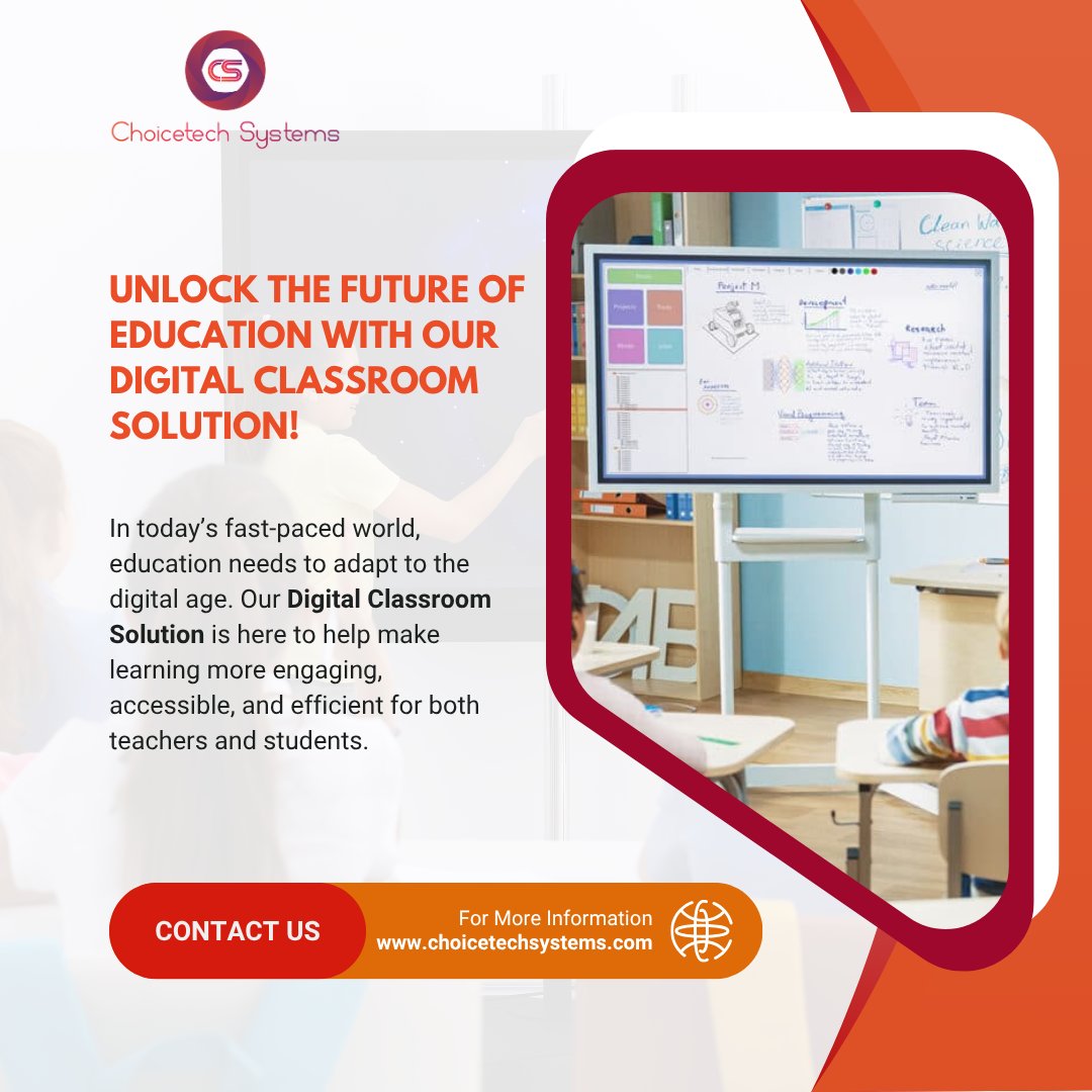 ChoicetechSyst1's tweet image. Unlock the Future of Education with Our Digital Classroom Solution! 🚀

#DigitalClassroom #EdTech #FutureOfEducation #InnovationInLearning #EdTechSolutions #RemoteLearning #SmartClassroom