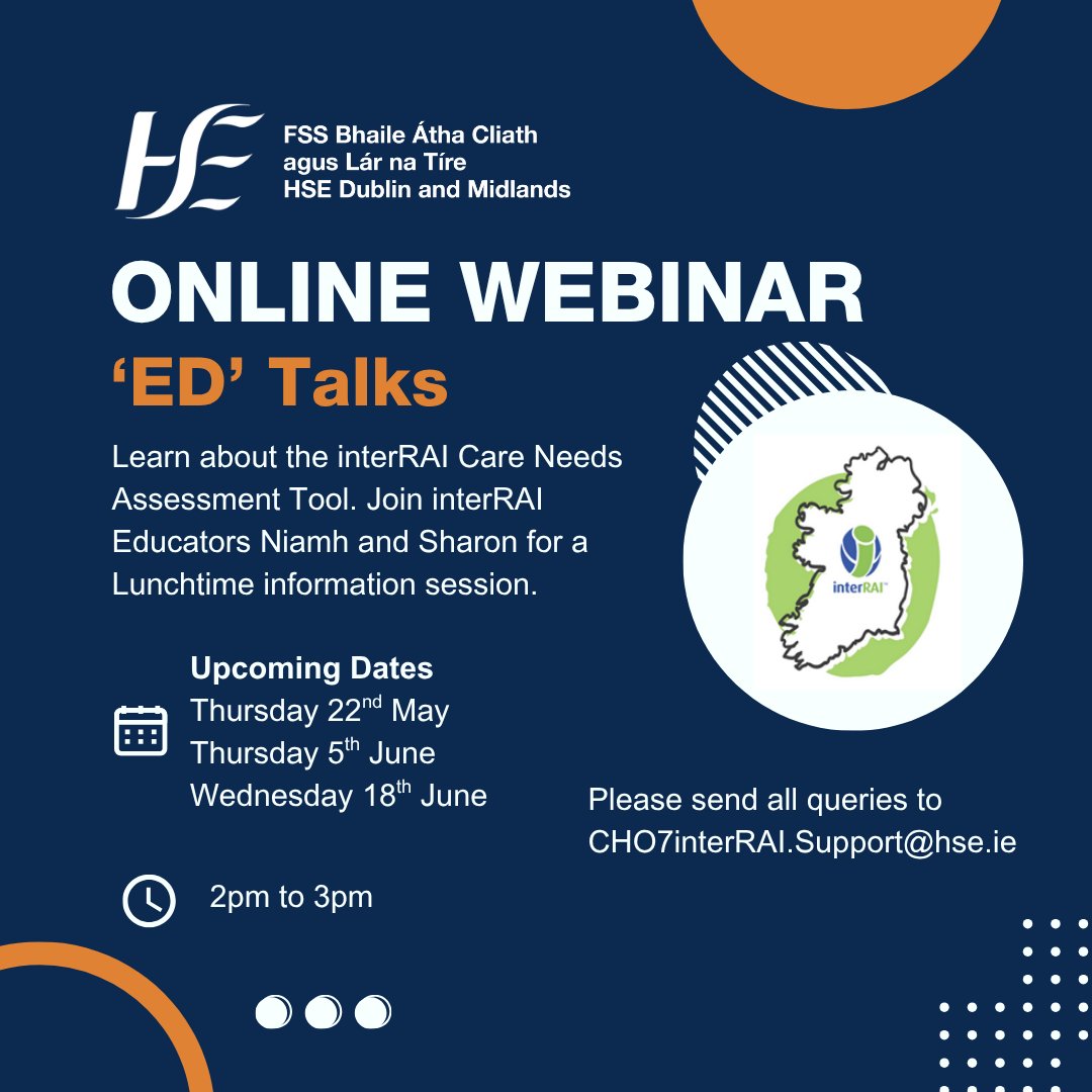 HSEDubMidlands's tweet image. 📢 Join us for an Online Webinar - ‘ED’ Talks!  

Learn about the interRAI Care Needs Assessment Tool with educators Niamh &amp;amp; Sharon. 

Upcoming dates:
22nd May bit.ly/4me4T75
5th June bit.ly/42PQmXq
18th June bit.ly/453WxIT

#interRAI #Webinar #EDTalks