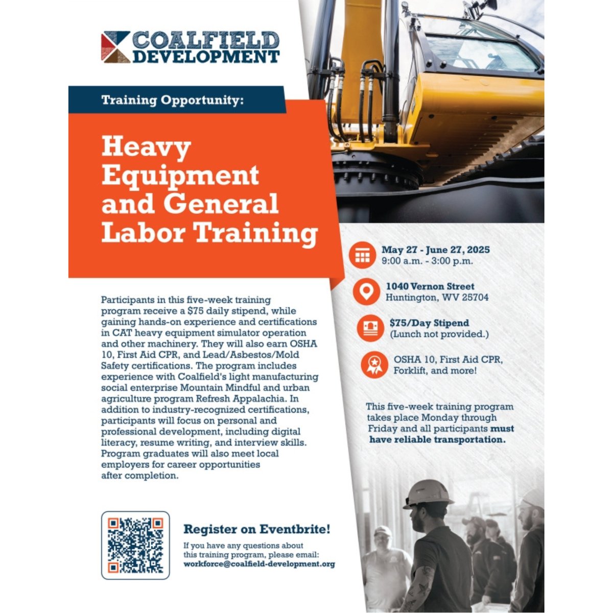🎉 We've got a few more spot available on the waitlist for our Heavy Equipment &amp; General Labor PATH Training!

💪 Paid, hands-on training + certifications
✅ Job prep + job fair

📅 May 27–June 27 | 📍 Huntington, WV
🚨 Spots are limited — register now: bit.ly/43qkp8h