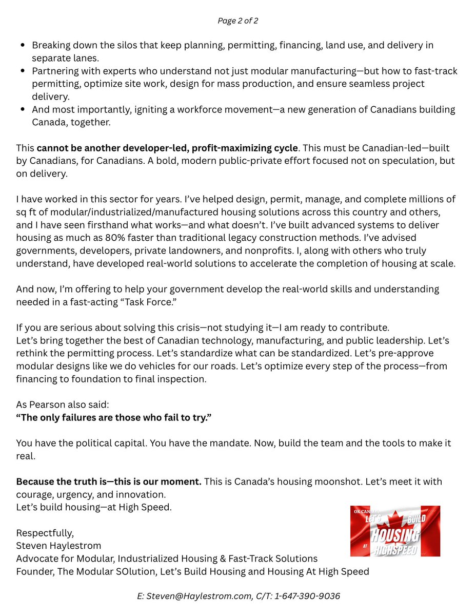 Canada is falling 40,000 homes behind every month.
My open letter to Mark Carney &amp; the Liberal Party explains why modular is NOT enough.

Let’s build housing. At high speed.

#LetsBuildHousing #CanadaHousingCrisis #MarkCarney
<a href="/CBCNews/">CBC News</a> <a href="/cbcradio/">CBC Radio</a> <a href="/globalnews/">Globalnews.ca</a> <a href="/liberal_party/">Liberal Party</a>