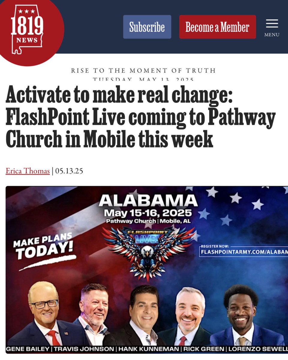 BasedPastorTrav's tweet image. 1819 NEWS on the Nationally broadcast FLASHPOINT LIVE
“A panel of insightful faith leaders will come together this week in Mobile to discuss the nation's current events from a biblical perspective.”
Register for the May 15-16 event. Link in reply.
@flashpointarmy @genebailey…