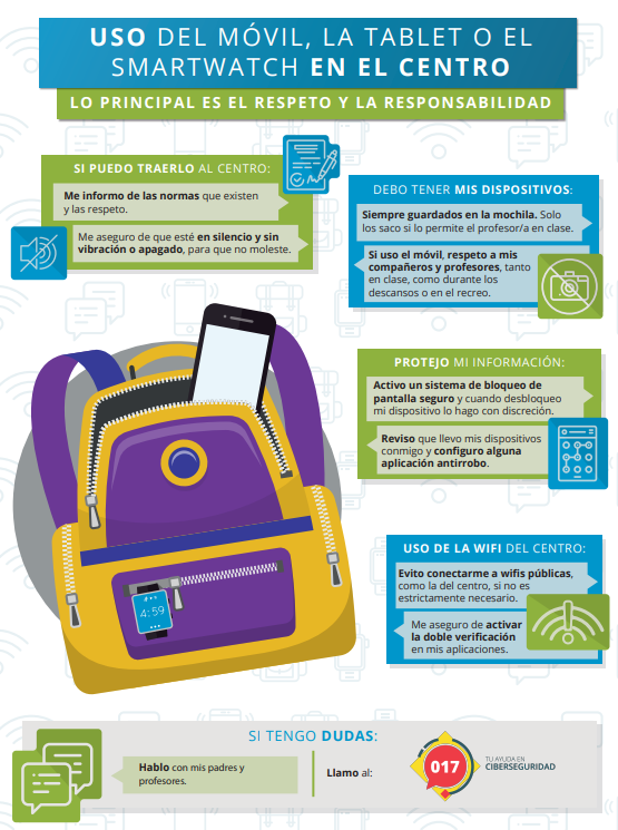 👨‍🏫Enseña a tus alumnos este cartel sobre el uso del móvil, la tablet o el smartwatch en el centro🏫 para que sepan las  normas básicas que tienen que seguir. 
Lo principal es el respeto🤝 y la responsabilidad.  
🔗incibe.es/sites/default/…

#MenoresenInternet