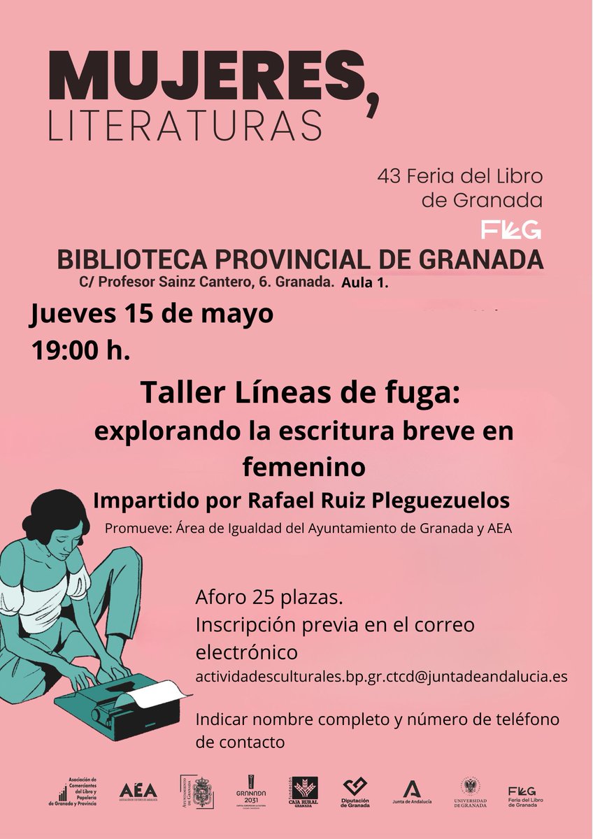 Editorial Villa de Indianos (@villadeindianos) on Twitter photo ¡Amigos de Granada!
Todavía quedan algunas plazas libres para asistir al taller que impartirá <a href="/rpleguezuelos/">R. Ruiz Pleguezuelos</a> en la Biblioteca Provincial de Granada para hablar de escritoras y la narrativa de los relatos.
El jueves, 15 de mayo, a las 19:00 h. ¿Te lo vas a perder?
<a href="/ferialibrogr/">Feria Libro Granada</a> ¡Amigos de Granada!
Todavía quedan algunas plazas libres para asistir al taller que impartirá <a href="/rpleguezuelos/">R. Ruiz Pleguezuelos</a> en la Biblioteca Provincial de Granada para hablar de escritoras y la narrativa de los relatos.
El jueves, 15 de mayo, a las 19:00 h. ¿Te lo vas a perder?
<a href="/ferialibrogr/">Feria Libro Granada</a>
