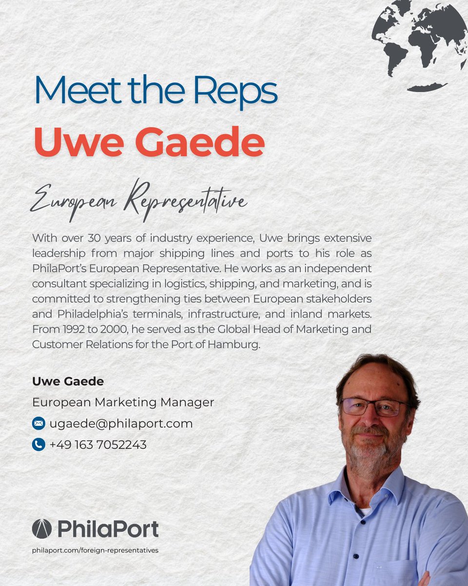 Meet PhilaPort's Foreign Representatives 👋🌍
 
We’re proud to (re)introduce our trusted international marketing team, working hard to expand PhilaPort’s global reach:
 
 🔹Carlos Cappellano – Brazil
 🔹Dominic Enthoven – New Zealand &amp; Australia
 🔹Uwe Gaede – Europe
 
With deep