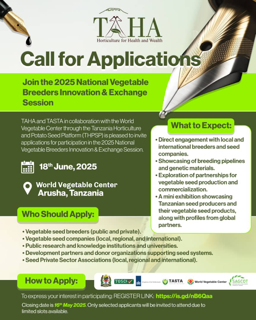 WorldVeg_ESA (@worldveg_esa) on Twitter photo CALL FOR APPLICATIONS
<a href="/taha_tanzania/">TAHATanzania</a> and <a href="/AFSTA_Seed/">African Seed AFSTA</a> in collaboration with the <a href="/WorldVegCenter/">World Vegetable Center (WorldVeg)</a> through the Tanzania Horticulture and Potato Seed Platform (THPSP) is pleased to invite applications for participation in the 2025 National Vegetable Breeders Innovation & Exchange CALL FOR APPLICATIONS
<a href="/taha_tanzania/">TAHATanzania</a> and <a href="/AFSTA_Seed/">African Seed AFSTA</a> in collaboration with the <a href="/WorldVegCenter/">World Vegetable Center (WorldVeg)</a> through the Tanzania Horticulture and Potato Seed Platform (THPSP) is pleased to invite applications for participation in the 2025 National Vegetable Breeders Innovation & Exchange