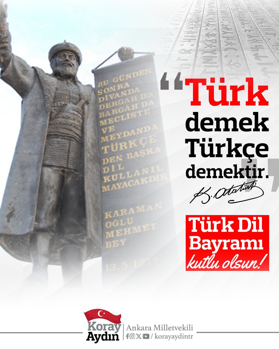 #Türkçe kimliğimiz, ses bayrağımızdır.
Türkçe kırmızı çizgimiz ve vazgeçilmezimizdir. 
Türkçe'nin itibarının sarsılmasına, Türkçe'ye eş koşulmasına asla izin vermeyiz.

Adriyatik'ten Çin seddine kadar bütün Türklerin #TürkDilBayramı'nı kutluyorum. Büyük Atatürk'ün de ifade ettiği