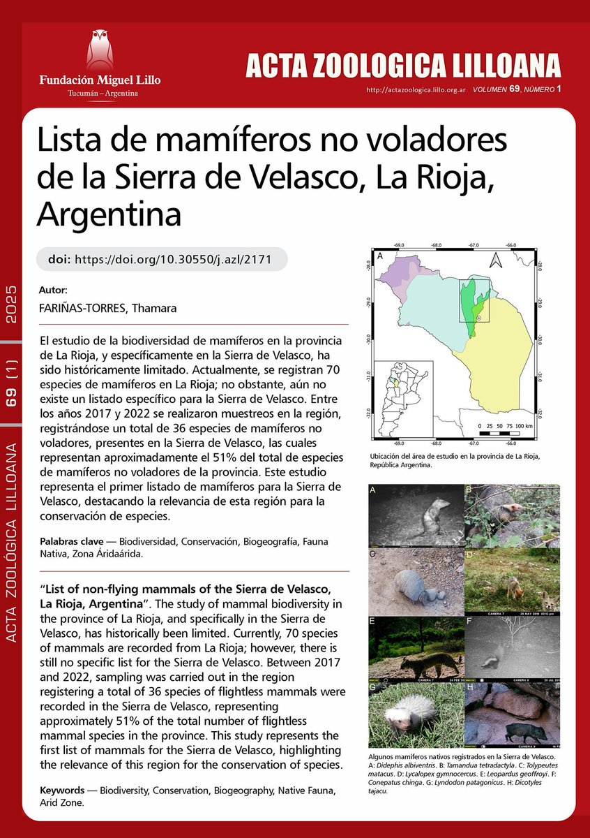 Más publicaciones para descargar GRATIS:

Publicación anticipada del primer fascículo semestral de Acta Zoológica Lilloana:

“Lista de mamíferos no voladores de la Sierra de Velasco, La Rioja, Argentina”: lillo.org.ar/.../acta.../ar…

#FML #AZL