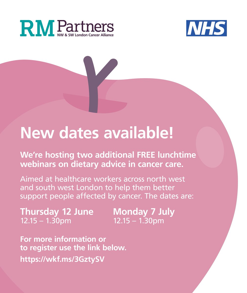 RMPartnersNHS (@rmpartnersnhs) on Twitter photo Two more dates for our free Dietary Advice in Cancer Care webinars for NW & SW London healthcare workers. Improve knowledge of nutrition to better support people affected by cancer. Info & booking: wkf.ms/3GztySV <a href="/HealthierNWL/">@HealthierNWL</a> <a href="/SWLNHS/">NHS South West London</a> <a href="/NWLTrainingHubs/">NWL Training Hubs</a> <a href="/SWLTrainingHub/">SWL Training Hub</a> Two more dates for our free Dietary Advice in Cancer Care webinars for NW & SW London healthcare workers. Improve knowledge of nutrition to better support people affected by cancer. Info & booking: wkf.ms/3GztySV <a href="/HealthierNWL/">@HealthierNWL</a> <a href="/SWLNHS/">NHS South West London</a> <a href="/NWLTrainingHubs/">NWL Training Hubs</a> <a href="/SWLTrainingHub/">SWL Training Hub</a>