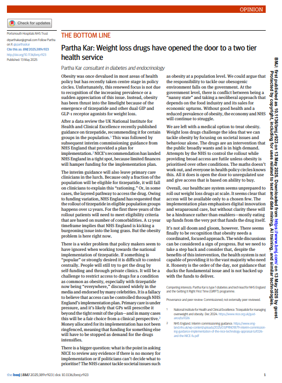 Partha S Kar 🇮🇳🇬🇧🏏🎥 (@parthaskar) on Twitter photo 'Weight-loss drugs have opened the door to a two-tier health service'
An opinion piece
"The Bottom Line" via <a href="/bmj_latest/">The BMJ</a>
cc <a href="/DrSdeG/">Stephanie deGiorgio</a> <a href="/FionaQuigs/">Fiona Quigley</a> <a href="/ShivaniM_KC/">Shivani Misra</a> <a href="/kamleshkhunti/">Prof Kamlesh Khunti</a> <a href="/DanielJDrucker/">Daniel J Drucker</a>
Link:
bmj.com/content/389/bm… 'Weight-loss drugs have opened the door to a two-tier health service'
An opinion piece
"The Bottom Line" via <a href="/bmj_latest/">The BMJ</a>
cc <a href="/DrSdeG/">Stephanie deGiorgio</a> <a href="/FionaQuigs/">Fiona Quigley</a> <a href="/ShivaniM_KC/">Shivani Misra</a> <a href="/kamleshkhunti/">Prof Kamlesh Khunti</a> <a href="/DanielJDrucker/">Daniel J Drucker</a>
Link:
bmj.com/content/389/bm…