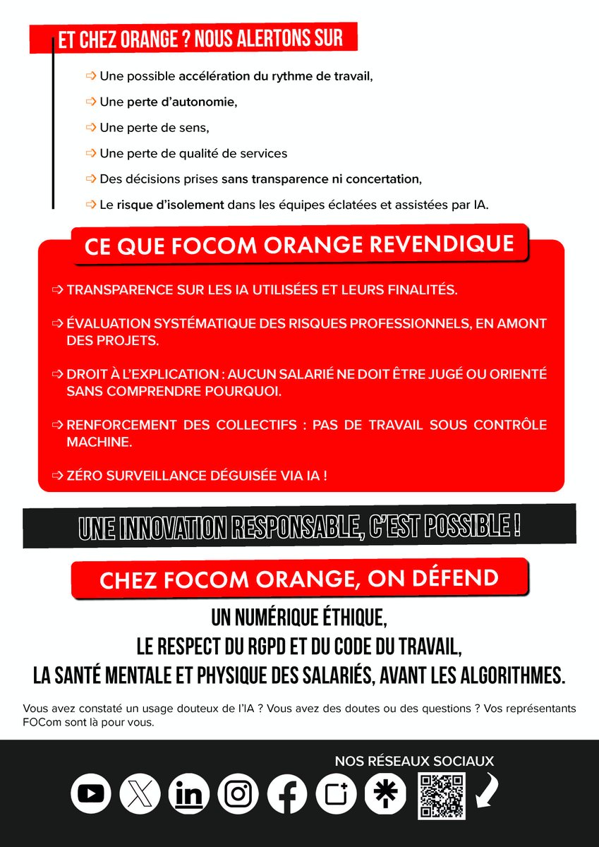 [InFOs/#IA]
Santé et Sécurité au Travail : L’#IA chez <a href="/Orange_France/">Orange France</a> , une vigilance nécessaire.
L’intelligence artificielle (IA) s’intègre dans nos métiers : 
POur <a href="/focom_/">FO COM</a> <a href="/FOcomOrange/">FOcom Orange</a> , C oui au progrès, mais non à la déshumanisation du travail.
focomdogse.com/2025/05/sante-…
