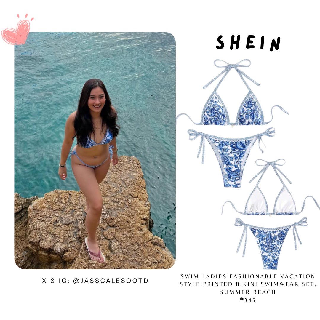 jasscalesootd's tweet photo. SHEIN
SHEIN Swim Ladies Fashionable Vacation Style Printed Bikini Swimwear Set, Summer Beach
₱345

Disclaimer: not 100% sure if wxact brand, but the design is almost similar :)

#GorJas #fitcheck 
#JasScalesOOTD https://t.co/ApGD1NADWS