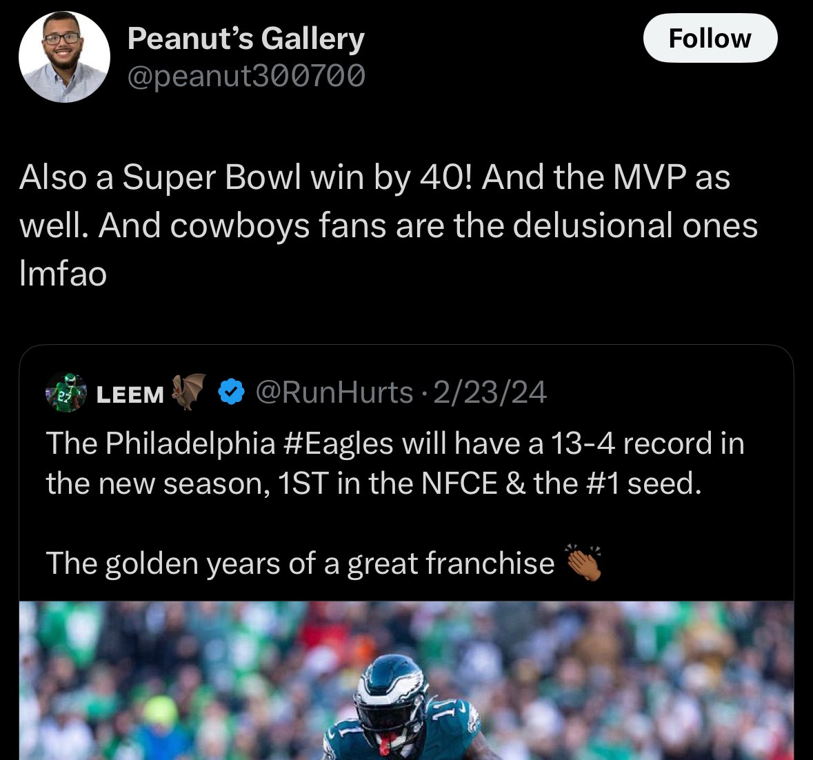 ʟᴇᴇᴍ🦇 (@runhurts) on Twitter photo No words. No context. Just a screenshot. 
#FlyEaglesFly No words. No context. Just a screenshot. 
#FlyEaglesFly