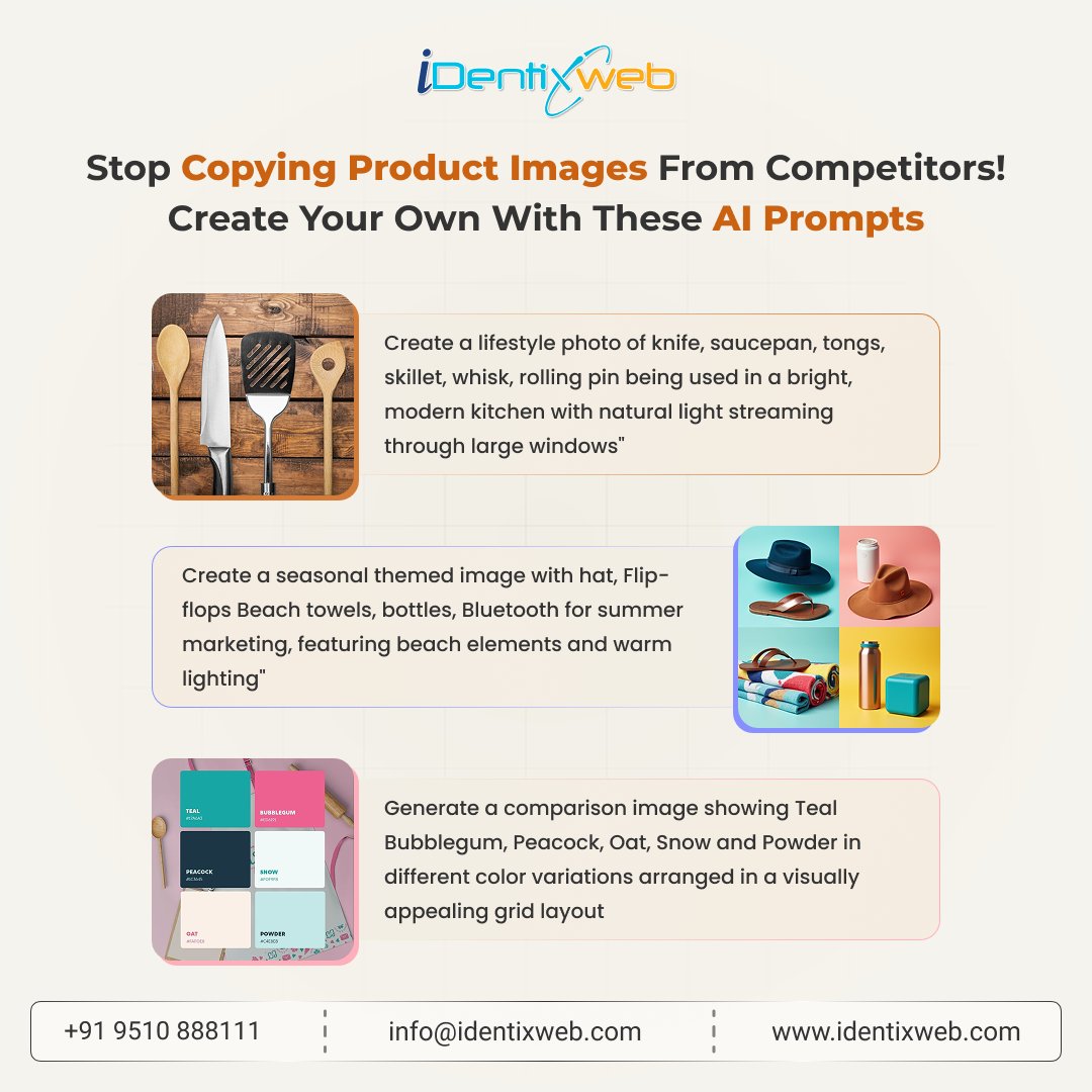 identixweb's tweet image. Stop copying product images from your competitors — it&apos;s time to stand out! With the power of AI prompts, you can easily create unique, high-quality product visuals.

#AIForEcommerce #ProductPhotography #EcommerceTips #AIMarketing #CreateWithAI #ProductImages #SmallBusinessTips