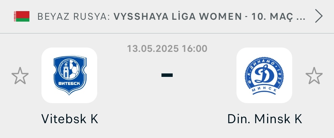 🔵 Belarus Vysshaya W Lig

Vitebsk W v Dinamo BGU Minsk
Toplam Goller
Üst 3.5 @ 1.58

Dinamo iyi bir kadro ile sahada. Bu sene en güçlü yatırım açık ara onlarda. 4 gol çok rahat izleriz gibi.

📌 tinyurl.com/5exukdrf