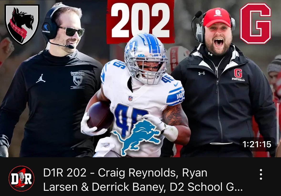 Division 1 Rejects (@d1_rejects) on Twitter photo Time to tune in to #D1R 2️⃣0️⃣2️⃣‼️
<a href="/KUBearsFootball/">Kutztown Football 🐻</a> alum & <a href="/Lions/">Detroit Lions</a> RB <a href="/13_CJR/">Craig Reynolds</a> shares his #NFL journey 🫡
<a href="/CoachRyanLarsen/">Ryan Larsen</a> previews trip to Spain with <a href="/TartanFB/">Carnegie Mellon Football</a> 🇪🇸
<a href="/CoachBaney/">Derrick Baney</a> breaks down “Brick by Brick” & the vision that’s built <a href="/GCC_FB/">Grove City Football</a> 🧱
📺 𝙒𝘼𝙏𝘾𝙃: youtu.be/rsGVtijfUmg?si… Time to tune in to #D1R 2️⃣0️⃣2️⃣‼️
<a href="/KUBearsFootball/">Kutztown Football 🐻</a> alum & <a href="/Lions/">Detroit Lions</a> RB <a href="/13_CJR/">Craig Reynolds</a> shares his #NFL journey 🫡
<a href="/CoachRyanLarsen/">Ryan Larsen</a> previews trip to Spain with <a href="/TartanFB/">Carnegie Mellon Football</a> 🇪🇸
<a href="/CoachBaney/">Derrick Baney</a> breaks down “Brick by Brick” & the vision that’s built <a href="/GCC_FB/">Grove City Football</a> 🧱
📺 𝙒𝘼𝙏𝘾𝙃: youtu.be/rsGVtijfUmg?si…