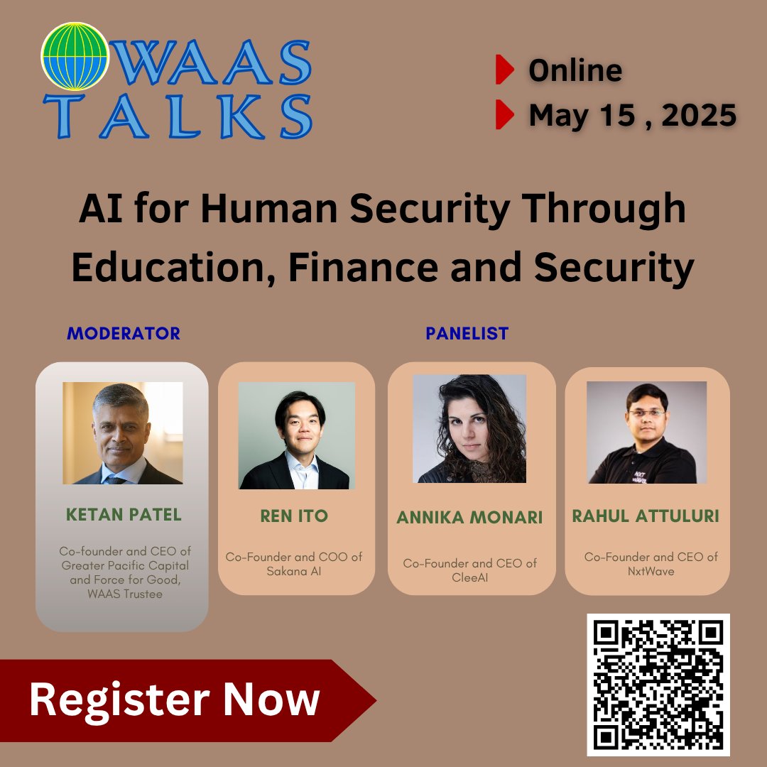 🤖 AI for Human Security: Education, Finance &amp; Security
How can AI serve humanity—not just technology? Join us for an eye-opening WAAS Talk with global innovators shaping AI for good.
🔗 Scan the QR code to register or visit:
 worldacademy.org/ai-for-securit…
#WAASTalks #AI