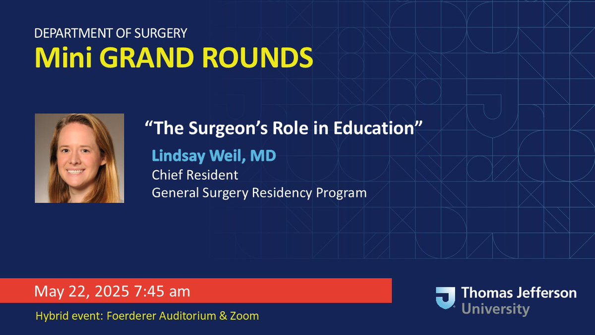 Jefferson Surgery (@jeffsurgery) on Twitter photo This Thursday, Dr. Lindsay Weil presents the next installment of our Chief Residents Mini #GrandRounds series. Following graduation, she will begin a colorectal surgery fellowship at <a href="/RWJMS/">Rutgers RWJMedSchool</a> <a href="/rwjsurgery/">Rutgers RWJMS Surgery</a>
Faculty & staff will receive the link via email | recording to follow here This Thursday, Dr. Lindsay Weil presents the next installment of our Chief Residents Mini #GrandRounds series. Following graduation, she will begin a colorectal surgery fellowship at <a href="/RWJMS/">Rutgers RWJMedSchool</a> <a href="/rwjsurgery/">Rutgers RWJMS Surgery</a>
Faculty & staff will receive the link via email | recording to follow here