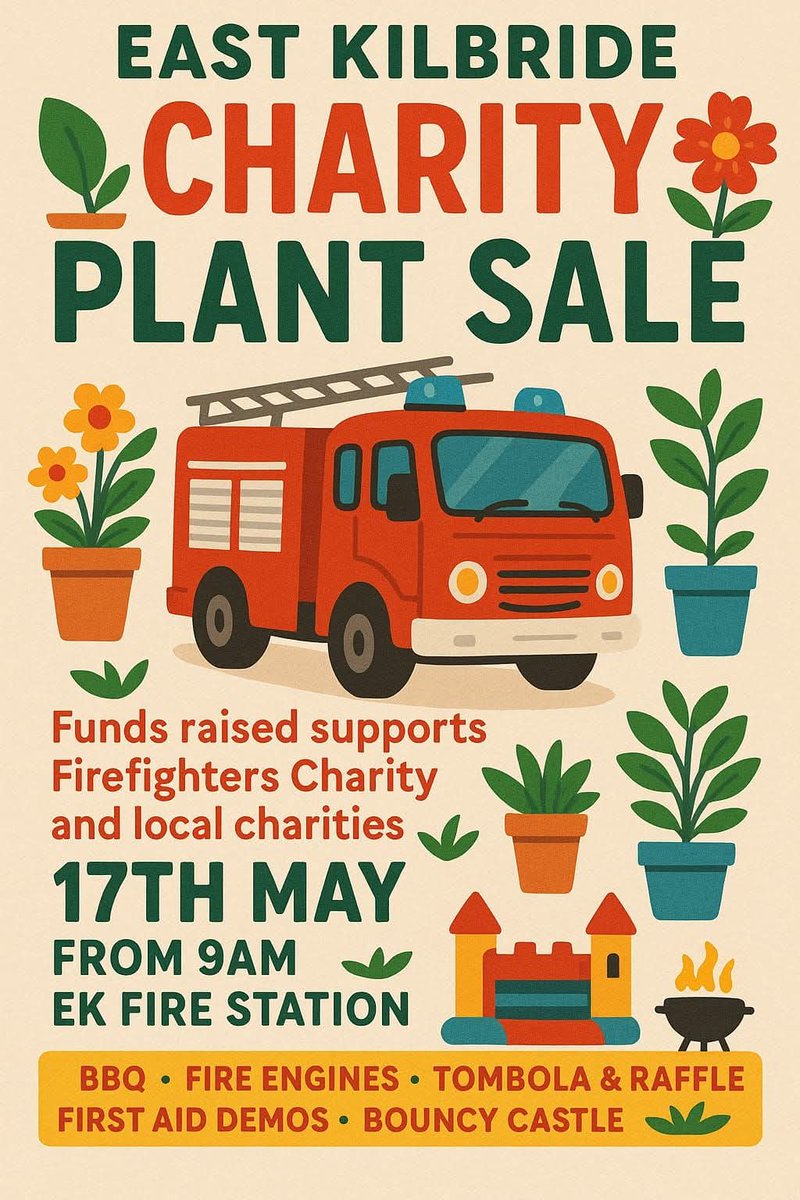 Our ever-popular Charity Plant Sale, at East Kilbride Community Fire Station, is back! 😀🌱🪴🌺
Saturday 17th May from 9am. All welcome!