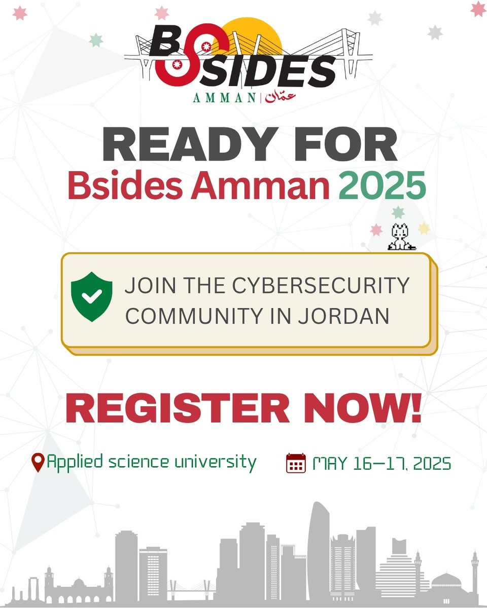 Registration is officially OPEN for BSides Amman 2025!

Bring your friends, your curiosity, and your questions,  we can’t wait to meet you all!

📍 Applied Science University
📅 May 16–17, 2025
🎟️ Secure your spot now:
forms.office.com/pages/response…