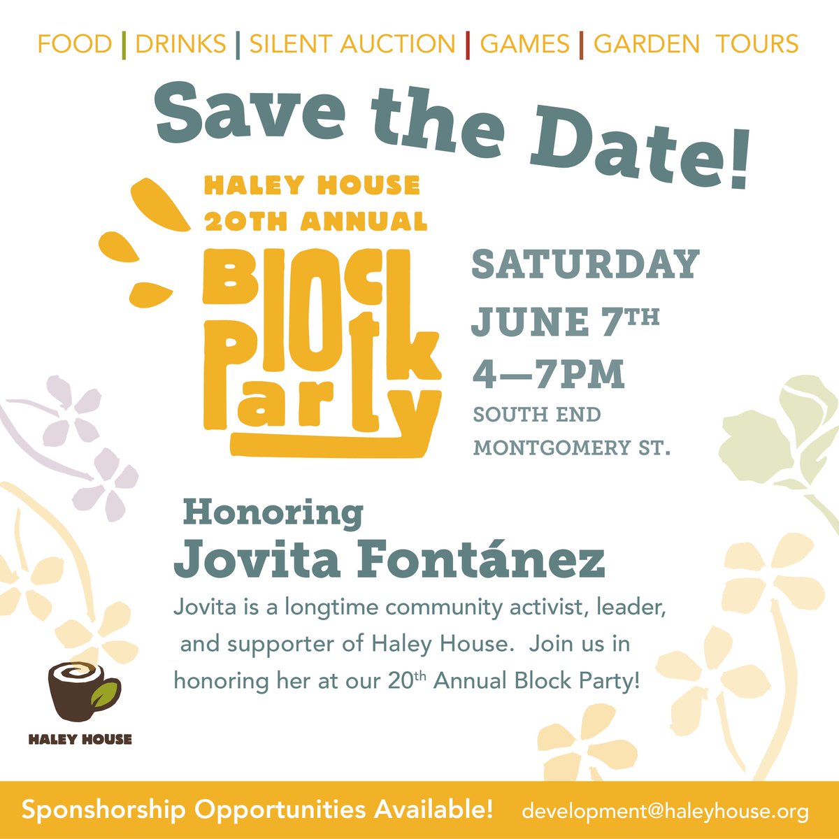 Haley House is thrilled to invite you to our 20th annual Block Party! On June 7th, join us for live music, dancing, cooking demos, &amp; more on Montgomery St. This year, our guest of honor is activist &amp; neighbor Jovita Fontánez. Tickets are available at haleyhouse.org/blockparty2025!