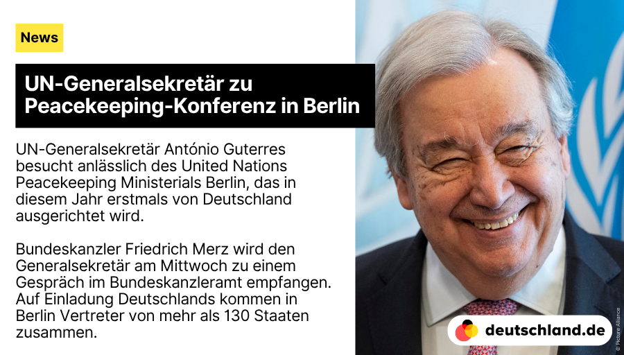 +++ UN-Generalsekretär zu #Peacekeeping-Konferenz in Berlin

🇩🇪 Hier findest du die wichtigsten Informationen über die #Außenpolitik und internationalen Beziehungen Deutschlands.

👉deutschland.de/de/news/deutsc…
#NewsDE