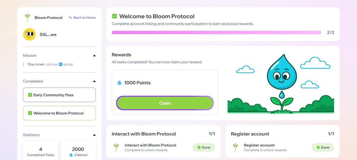 🔔Alpha  Incoming 🔔

We’re getting in early on Bloom Protocol!
Cost? $0 to join.

Steps:

1⃣ Go to <a href="/BloomProtocolAI/">Bloom Protocol</a>

2⃣ Head over to bloomprotocol.ai

3⃣ Click “Claim Your Pass” and connect your Solana wallet

4⃣ Link your Telegram account on the homepage &amp; complete the