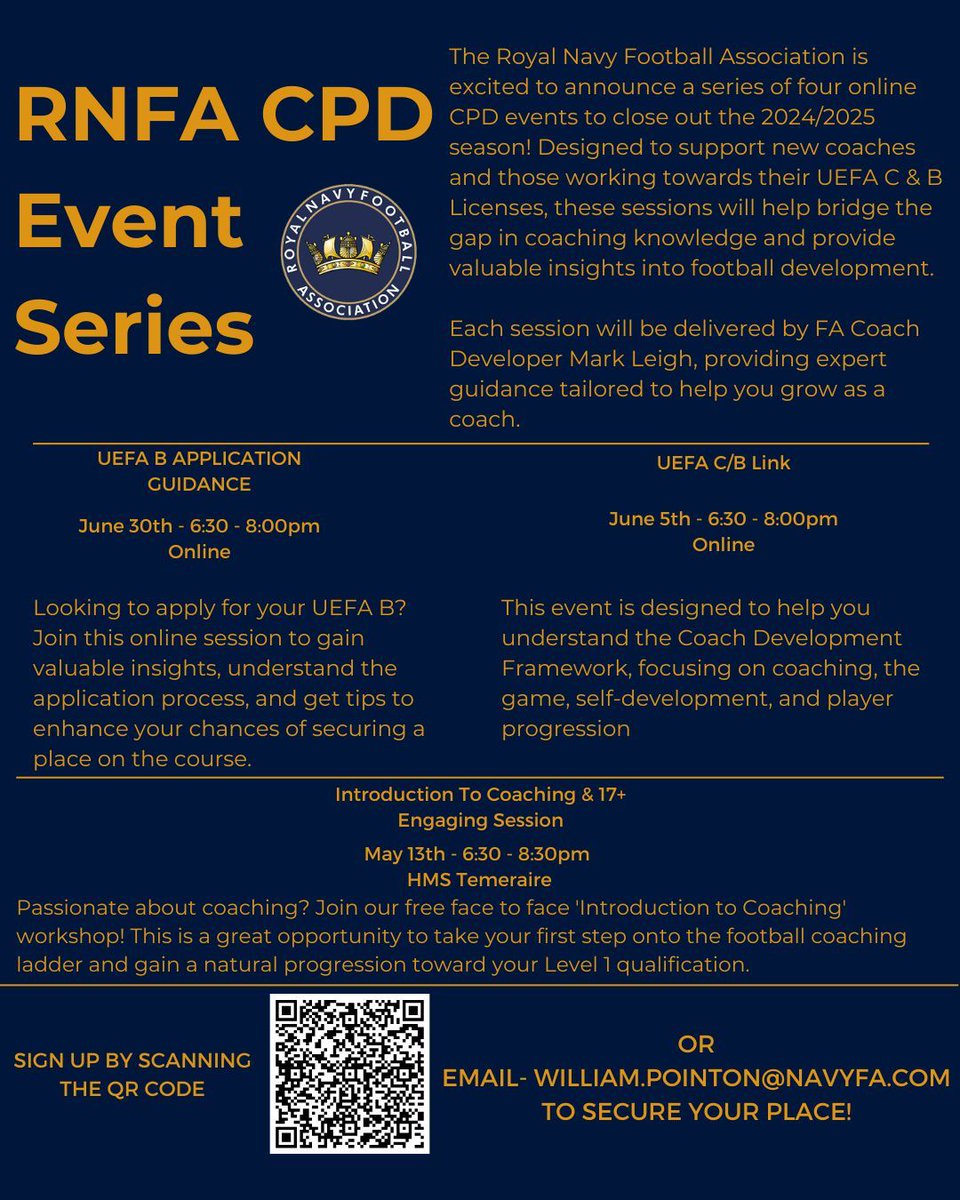 LAST CALL!

Join us TONIGHT (13 May) at HMS Temeraire, 6:30–8:30PM for a FREE Introduction to Coaching session ⚽

Great first step for anyone interested in coaching Navy football.

📩 Sign up by 1700 – email: william.pointon@navyfa.com or scan the QR code.