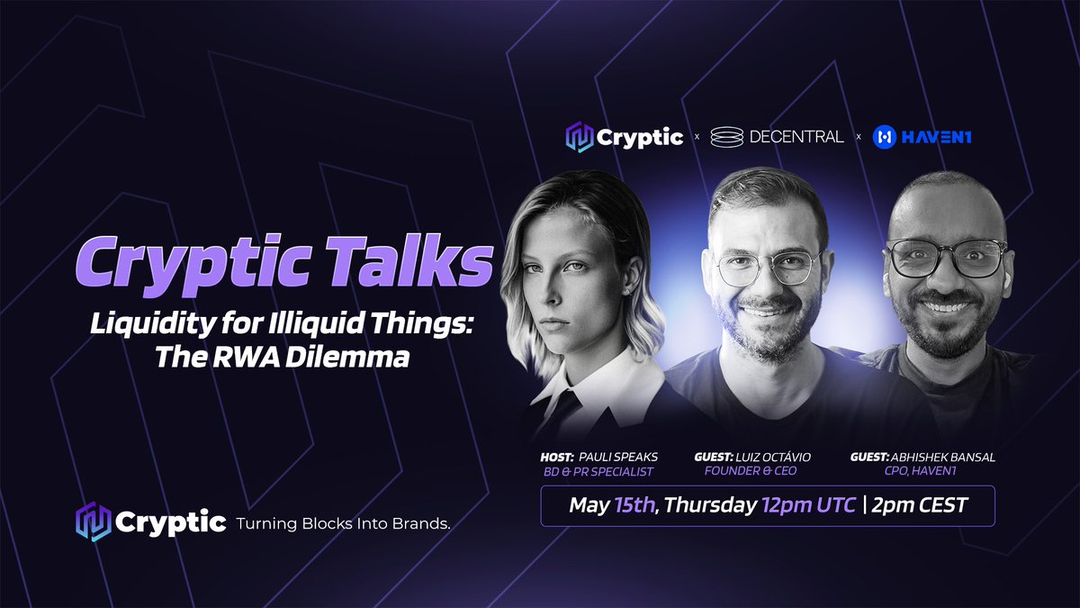 Cryptic (@cryptic_web3) on Twitter photo π Cryptic Talks with <a href="/usedecentral/">Decentral</a> x <a href="/Haven1official/">Haven1 π§βπ</a>! π
Liquidity for Illiquid Things: The RWA Dilemma
π Date: Thursday, May 15th
β° Time: 12:00 PM UTC / 02:00 PM CEST
Host: <a href="/pauli_speaks/">Pauli</a>, BD & PR Specialist at Cryptic
Guests:
βοΈ <a href="/luizfromdux/">luiz is building DECENTRAL</a>, Founder & CEO at Decentral π Cryptic Talks with <a href="/usedecentral/">Decentral</a> x <a href="/Haven1official/">Haven1 π§βπ</a>! π
Liquidity for Illiquid Things: The RWA Dilemma
π Date: Thursday, May 15th
β° Time: 12:00 PM UTC / 02:00 PM CEST
Host: <a href="/pauli_speaks/">Pauli</a>, BD & PR Specialist at Cryptic
Guests:
βοΈ <a href="/luizfromdux/">luiz is building DECENTRAL</a>, Founder & CEO at Decentral