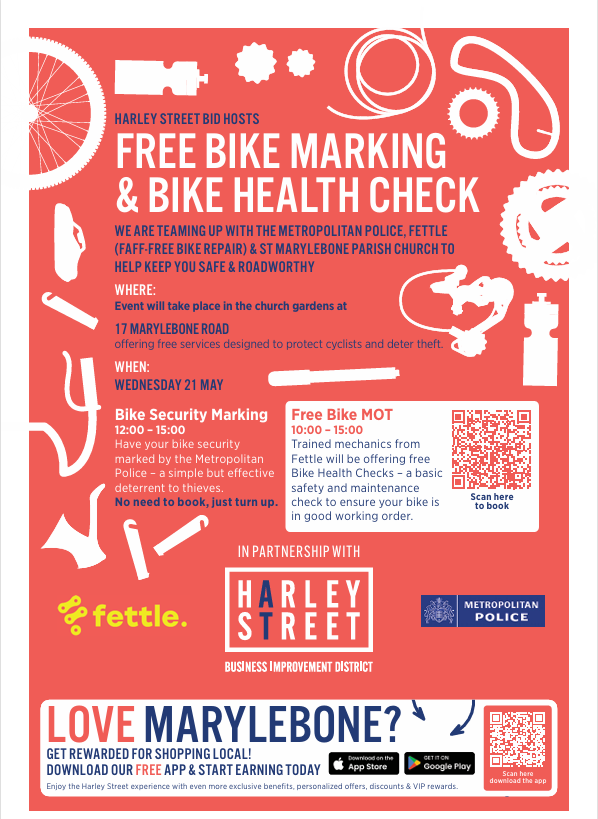Harley Street BID (@harleystreetbid) on Twitter photo When was your bike’s last check-up? Join us Weds 21 May at <a href="/St_Marylebone_/">St Marylebone Parish Church</a> for a free Bike MOT with <a href="/fettlebike/">fettle.</a> & bike security marking by <a href="/metpoliceuk/">Metropolitan Police</a>.
A great opportunity to make sure your bike is safe, secure & ready for the road.
Book your slot👇
eventbrite.co.uk/e/harley-stree… When was your bike’s last check-up? Join us Weds 21 May at <a href="/St_Marylebone_/">St Marylebone Parish Church</a> for a free Bike MOT with <a href="/fettlebike/">fettle.</a> & bike security marking by <a href="/metpoliceuk/">Metropolitan Police</a>.
A great opportunity to make sure your bike is safe, secure & ready for the road.
Book your slot👇
eventbrite.co.uk/e/harley-stree…