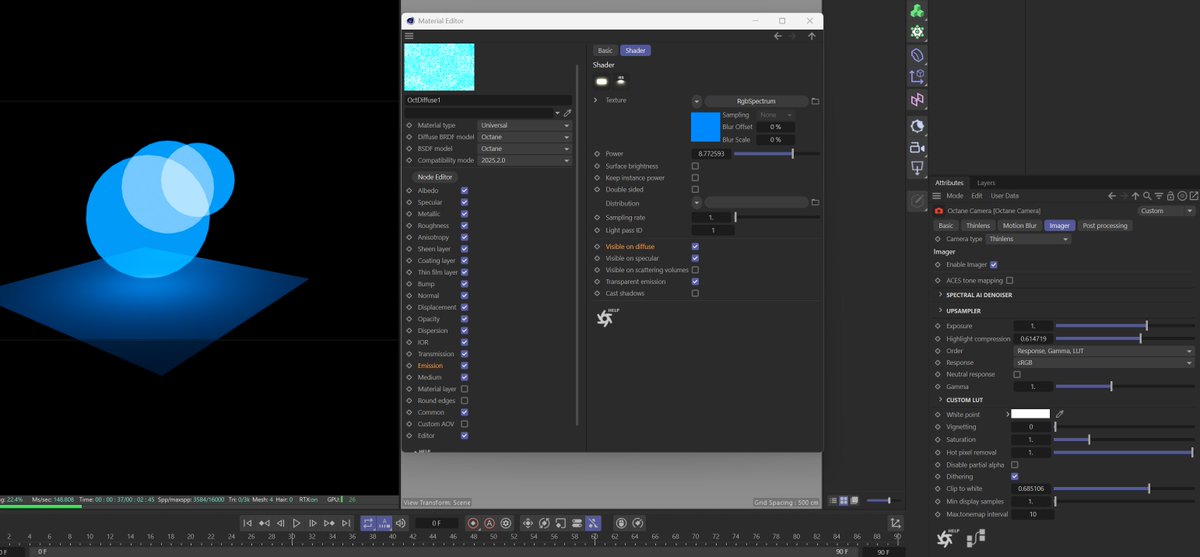 DinoMFX's tweet image. Quick tip: How to get additive particles in @OTOY OctaneRender in @MaxonVFX Cinema4D:
-&amp;gt; Universal Material
-&amp;gt; Albedo/Diffuse set to black
-&amp;gt; IOR set to 1
-&amp;gt; Transmission set to Thin Wall and white
-&amp;gt; Texture Emission with &quot;Cast Shadows&quot; off 
-&amp;gt; Fake Shadows turned on

#Octane
