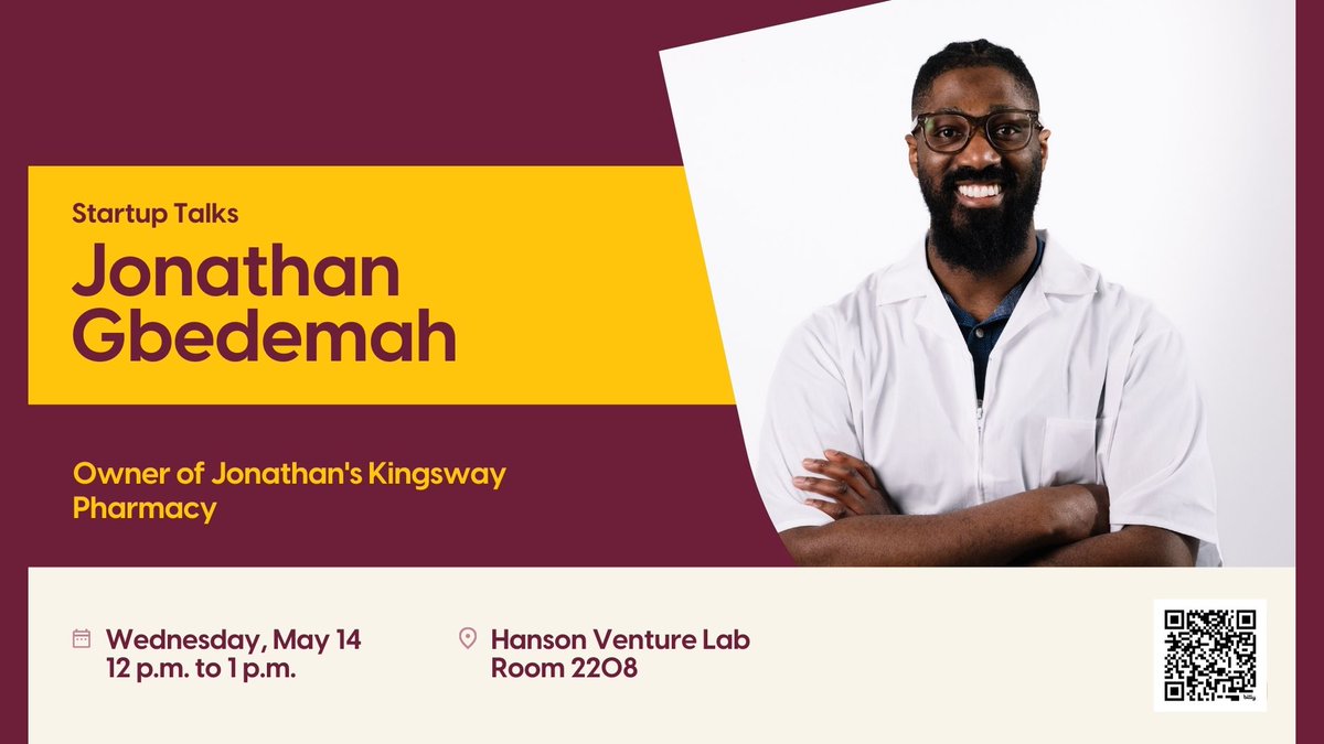 🚨Are you a Cambrian College student with a passion for entrepreneurship? Don’t miss the next Startup Series Talk with Jonathan Gbedemah, owner of Jonathan's Kingsway Pharmacy. He will be leading an engaging talk about his experience in starting, owning, and running a successful