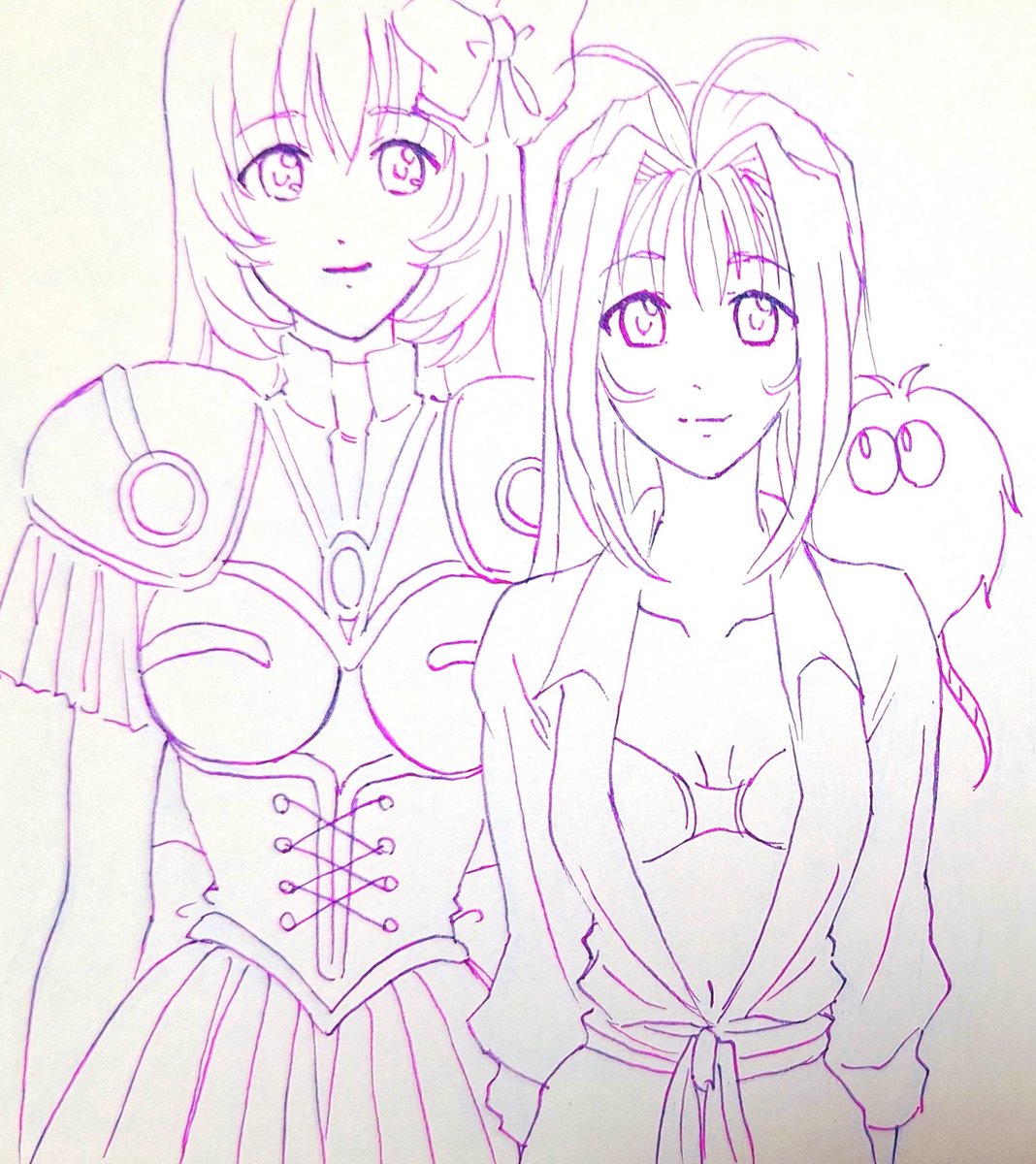 次回のマクロス色紙絵プレゼント企画用No.29 アオイ&amp;ミレーヌ線画✨😄