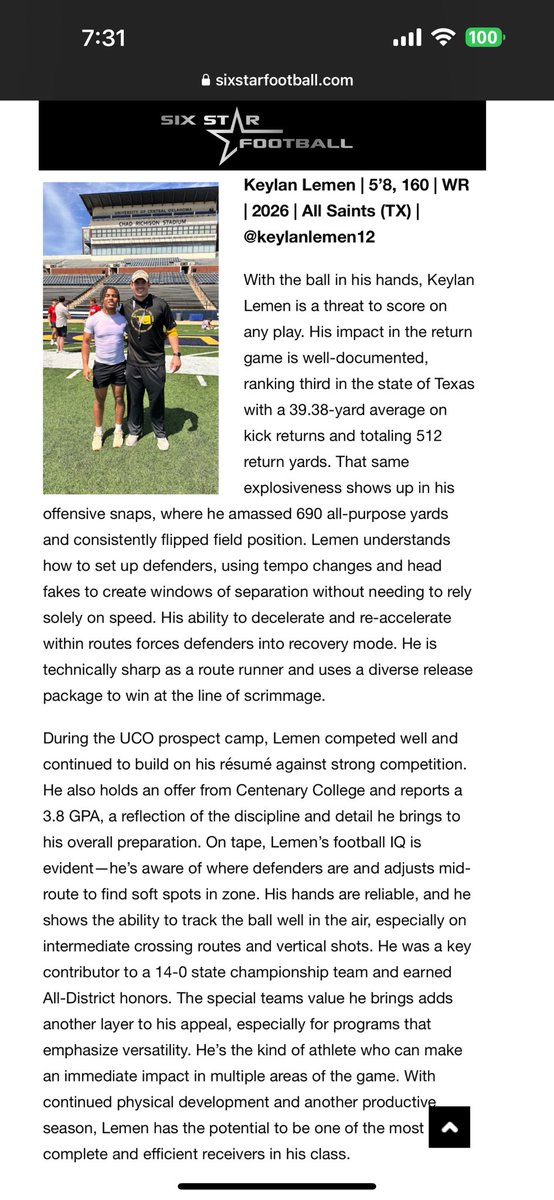 Keylan Lemen (@keylanlemen12) on Twitter photo Just received an amazing write up from <a href="/sixstarfootball/">Six Star Football | PLUS+</a>. Thanks for taking the time and appreciate the love. Always fun to compete. <a href="/ucobronchofb/">UCO Football</a> <a href="/Coach_Curlee/">James Curlee</a> <a href="/JClarkHFB247/">Jeremy Clark</a> <a href="/PTFFootball/">All Saints' Football</a> <a href="/CoachBeck_PTF/">Coach Aaron Beck</a> <a href="/SmileHeardJ/">AI Heard</a> <a href="/TXPSMedia/">Texas Private School Media</a> <a href="/TXPrivateFBGuy/">Texas Private School Football</a> <a href="/TXTopTalent/">TX TOP TALENT</a> Just received an amazing write up from <a href="/sixstarfootball/">Six Star Football | PLUS+</a>. Thanks for taking the time and appreciate the love. Always fun to compete. <a href="/ucobronchofb/">UCO Football</a> <a href="/Coach_Curlee/">James Curlee</a> <a href="/JClarkHFB247/">Jeremy Clark</a> <a href="/PTFFootball/">All Saints' Football</a> <a href="/CoachBeck_PTF/">Coach Aaron Beck</a> <a href="/SmileHeardJ/">AI Heard</a> <a href="/TXPSMedia/">Texas Private School Media</a> <a href="/TXPrivateFBGuy/">Texas Private School Football</a> <a href="/TXTopTalent/">TX TOP TALENT</a>